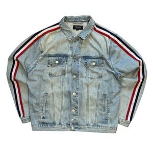 PacSun Light Blue Denim Jacket with Red and Black Accents